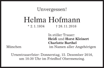 Traueranzeige von Helma Hofmann von merkurtz