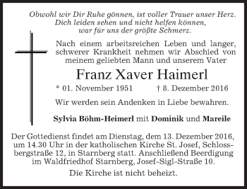 Traueranzeige von Franz Xaver Haimerl von merkurtz