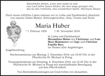 Traueranzeige von Maria Huber von merkurtz