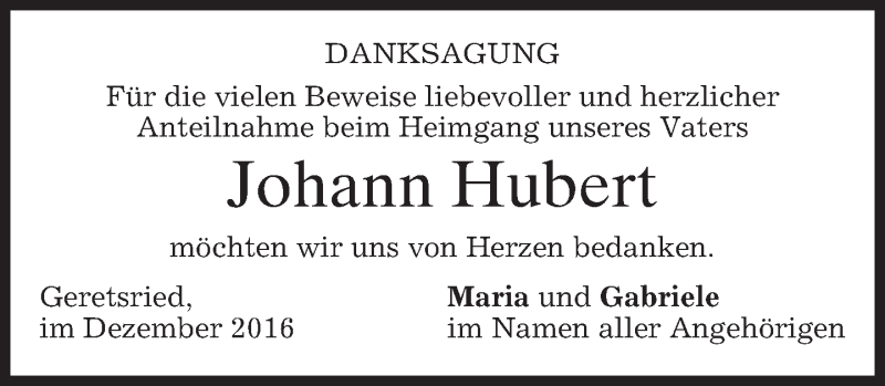  Traueranzeige für Johann Hubert vom 03.12.2016 aus merkurtz