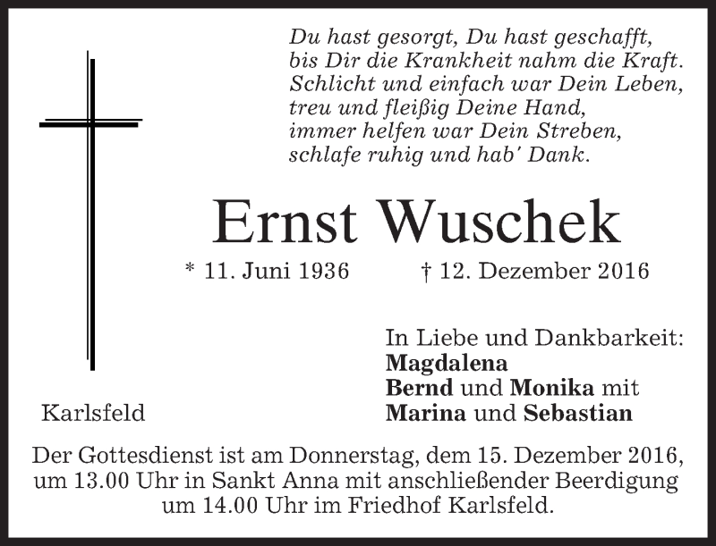  Traueranzeige für Ernst Wuschek vom 14.12.2016 aus merkurtz