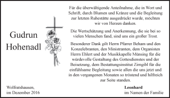 Traueranzeige von Gudrun Hohenadl von merkurtz