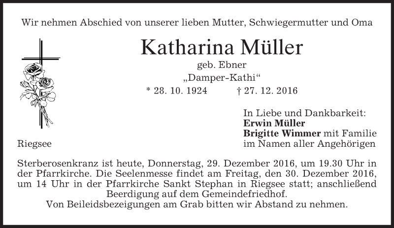  Traueranzeige für Katharina Müller vom 29.12.2016 aus merkurtz