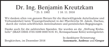 Traueranzeige von Benjamin Kreutzkam von merkurtz