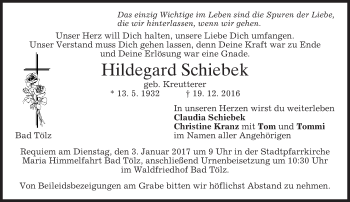 Traueranzeige von Hildegard Schiebek von merkurtz