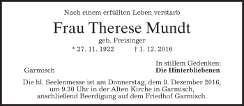 Traueranzeige von Therese Mundt von merkurtz