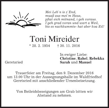 Traueranzeige von Toni Mireider von merkurtz