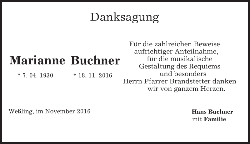  Traueranzeige für Marianne Buchner vom 03.12.2016 aus merkurtz