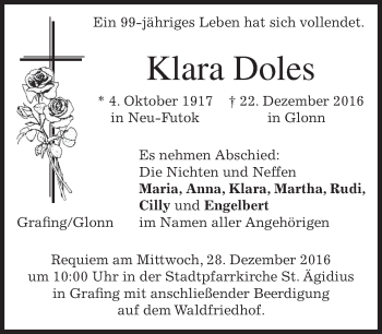 Traueranzeige von Klara Doles von merkurtz