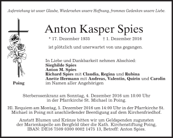 Traueranzeige von Anton Kasper Spies von merkurtz
