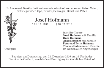 Traueranzeige von Josef Hofmann von merkurtz
