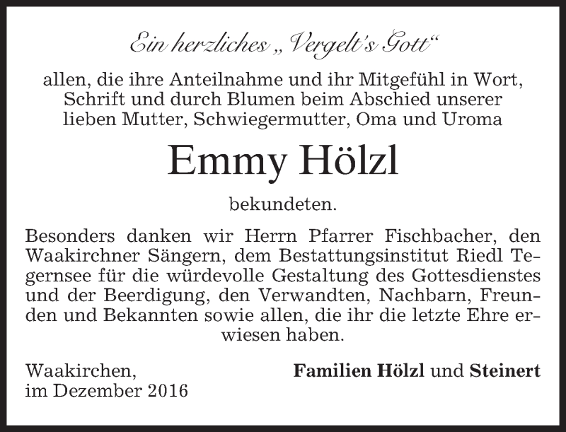  Traueranzeige für Emmy Hölzl vom 09.12.2016 aus merkurtz