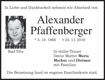Traueranzeige von Alexander Pfaffenberger von merkurtz