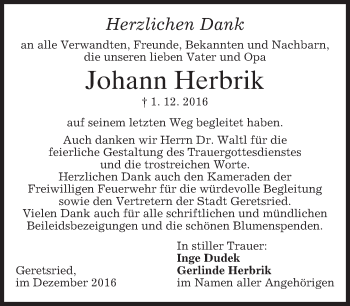 Traueranzeige von Johann Herbrik von merkurtz