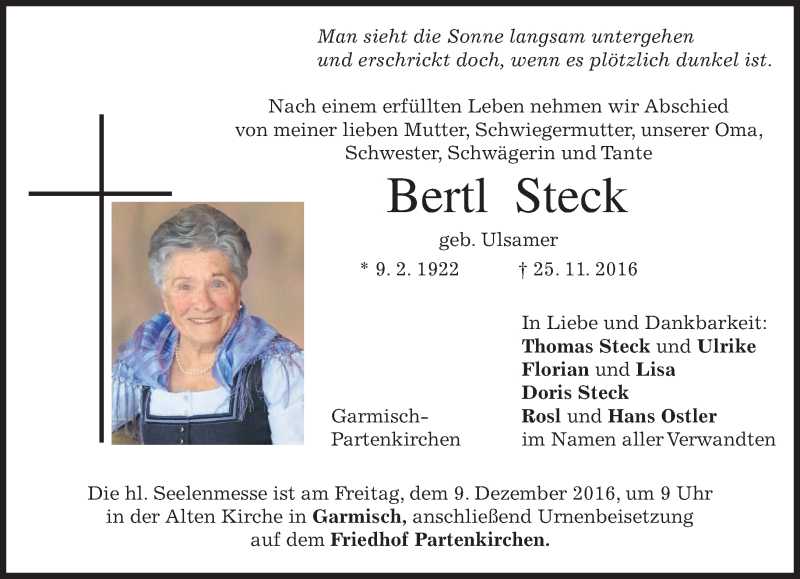  Traueranzeige für Bertl Steck vom 05.12.2016 aus merkurtz