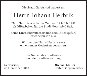 Traueranzeige von Johann Herbrik von merkurtz