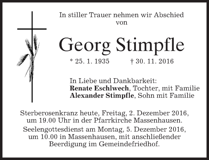  Traueranzeige für Georg Stimpfle vom 02.12.2016 aus merkurtz