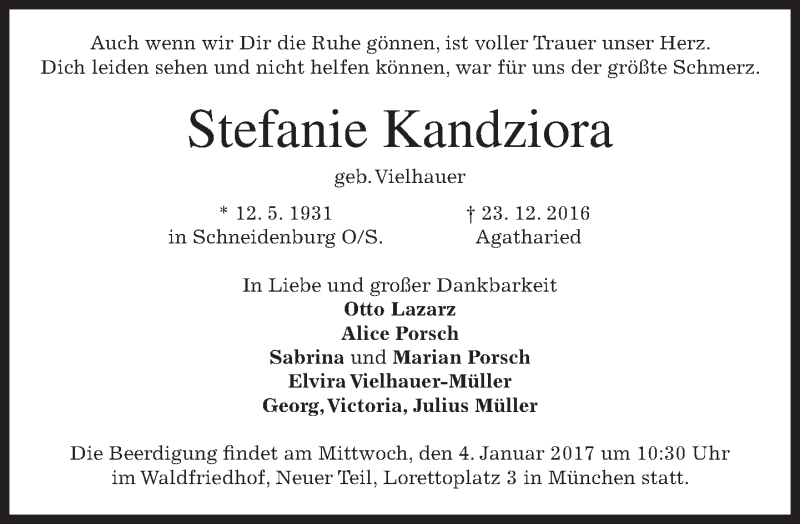  Traueranzeige für Stefanie Kandziora vom 31.12.2016 aus merkurtz