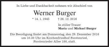 Traueranzeige von Werner Burger von merkurtz