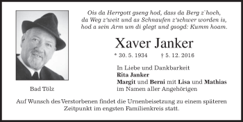 Traueranzeige von Xaver Janker von merkurtz