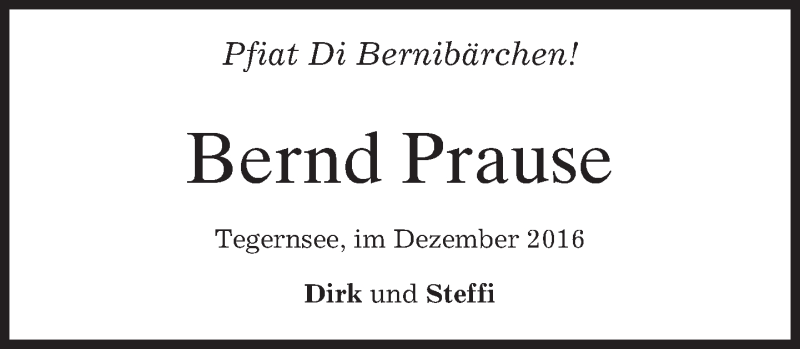  Traueranzeige für Bernd Prause vom 10.12.2016 aus merkurtz