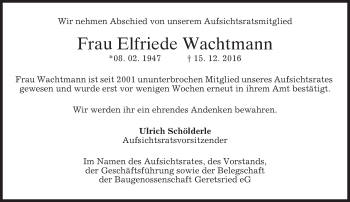 Traueranzeige von Elfriede Wachtmann von merkurtz