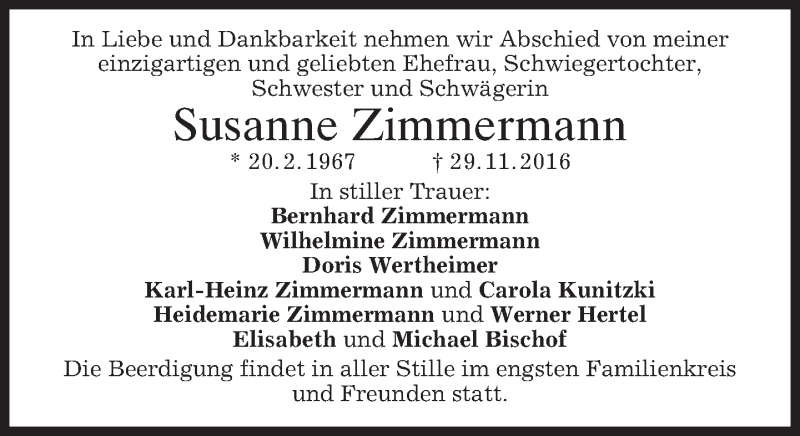  Traueranzeige für Susanne Zimmermann vom 07.12.2016 aus merkurtz