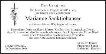 Traueranzeige von Marianne Sanktjohanser von merkurtz