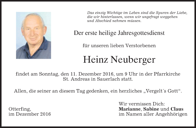  Traueranzeige für Heinz Neuberger vom 09.12.2016 aus merkurtz