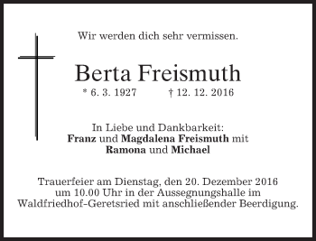 Traueranzeige von Berta Freismuth von merkurtz