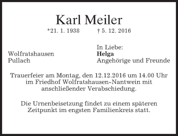 Traueranzeige von Karl Meiler von merkurtz