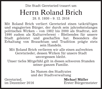 Traueranzeige von Roland Brich von merkurtz