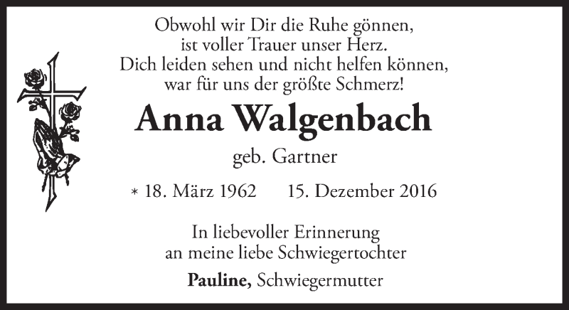  Traueranzeige für Anna Walgenbach vom 19.12.2016 aus merkurtz