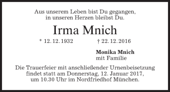 Traueranzeige von Irma Mnich von merkurtz