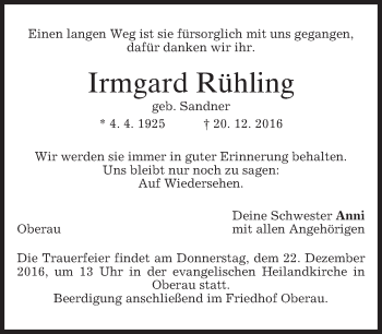 Traueranzeige von Irmgard Rühling von merkurtz