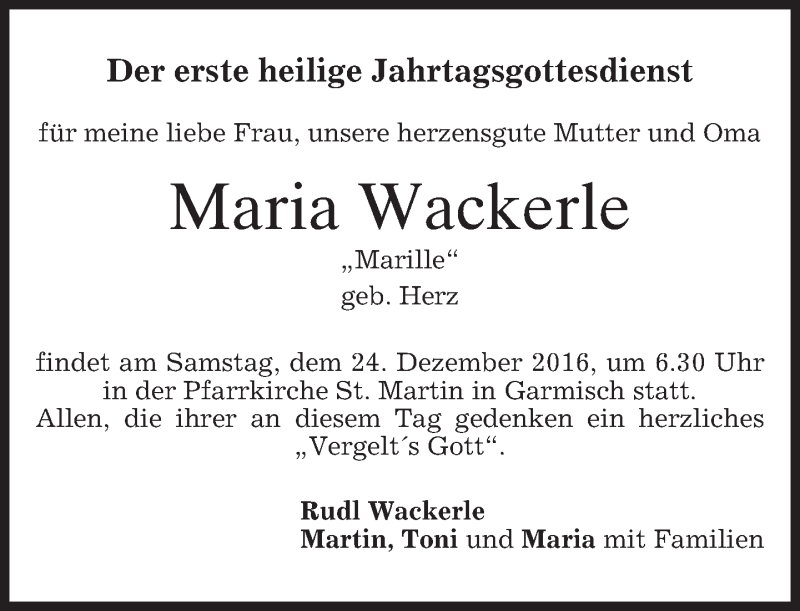  Traueranzeige für Maria Wackerle vom 17.12.2016 aus merkurtz
