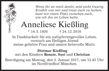 Traueranzeige von Anneliese Kießling von merkurtz