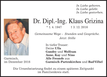 Traueranzeige von Klaus Grizina von merkurtz