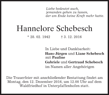 Traueranzeige von Hannelore Schebesch von merkurtz