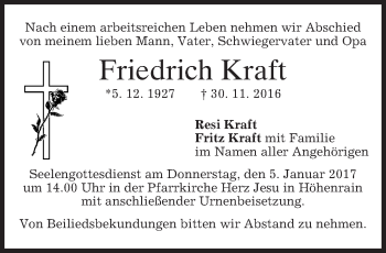 Traueranzeige von Friedrich Kraft von merkurtz