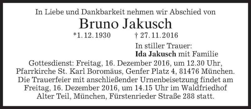  Traueranzeige für Bruno Jakusch vom 10.12.2016 aus merkurtz