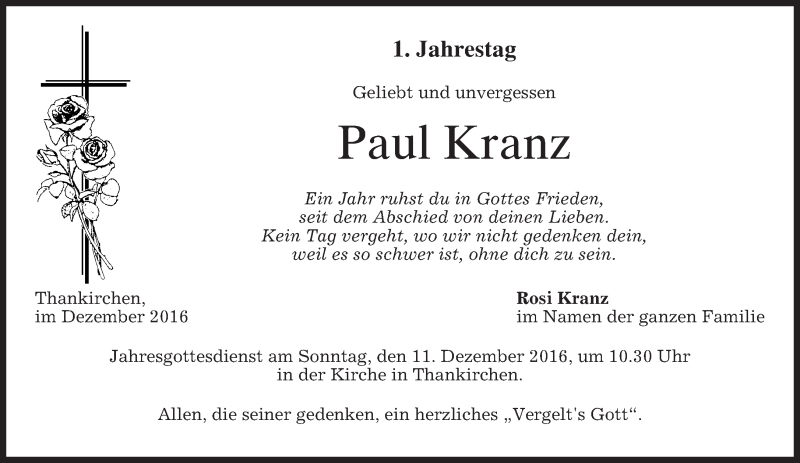  Traueranzeige für Paul Kranz vom 09.12.2016 aus merkurtz