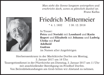 Traueranzeige von Friedrich Mittermeier von merkurtz
