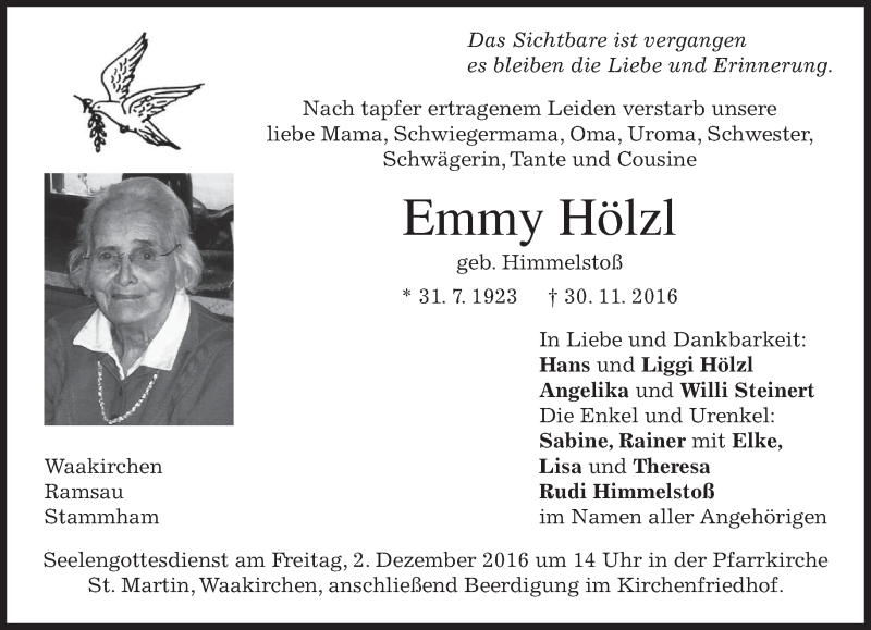  Traueranzeige für Emmy Hölzl vom 01.12.2016 aus merkurtz