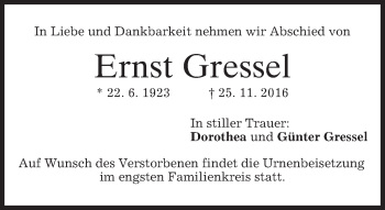 Traueranzeige von Ernst Gressel von merkurtz