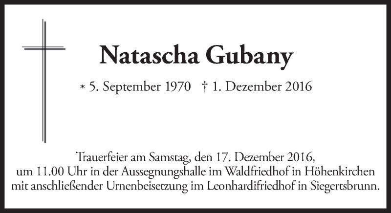 Traueranzeige für Natascha Gubany vom 10.12.2016 aus merkurtz