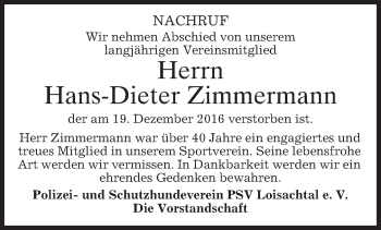 Traueranzeige von Hans-Dieter Zimmermann von merkurtz