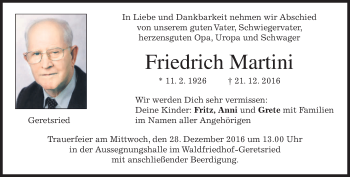 Traueranzeige von Friedrich Martini von merkurtz