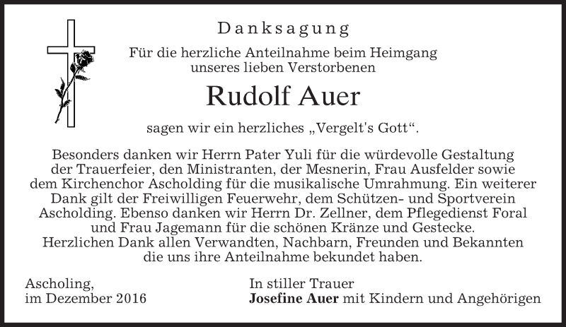  Traueranzeige für Rudolf Auer vom 03.12.2016 aus merkurtz