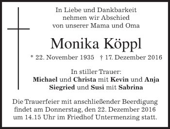 Traueranzeige von Monika Köppl von merkurtz